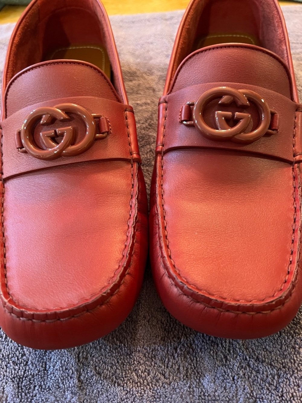 Gucci Red Leather GG Logo Penny Loafers